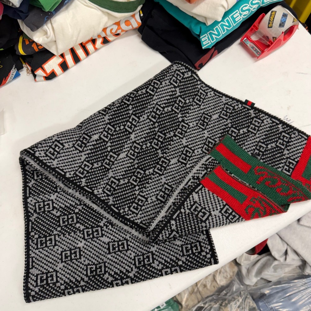 Gucci GG Monogram Knit Scarf Black Grey Green Red Web Stripe Made in Italy